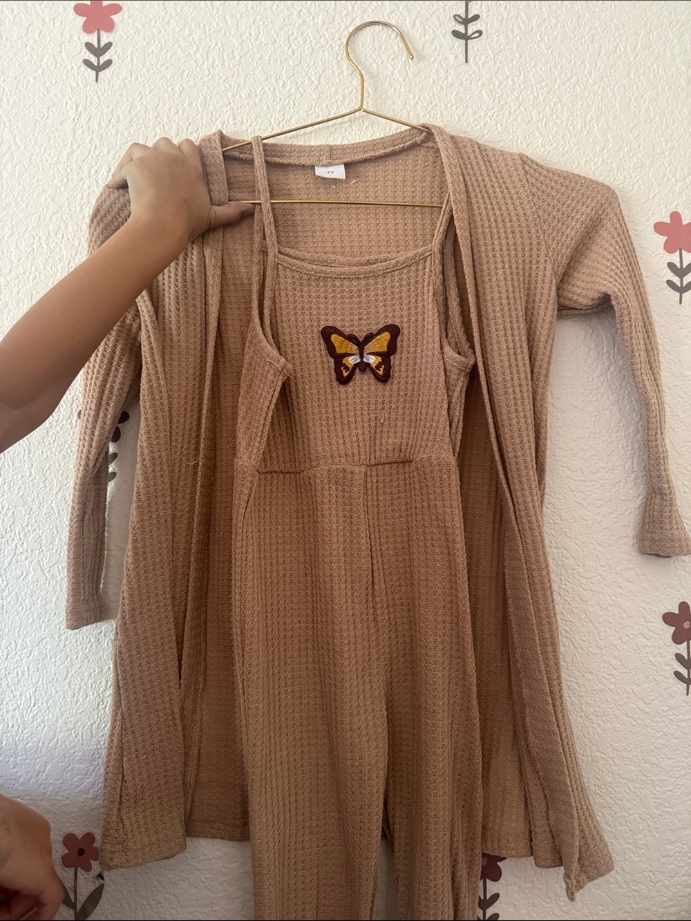 SHEIN Beige Waffle Knit Two-Piece Set with Butterfly Patch